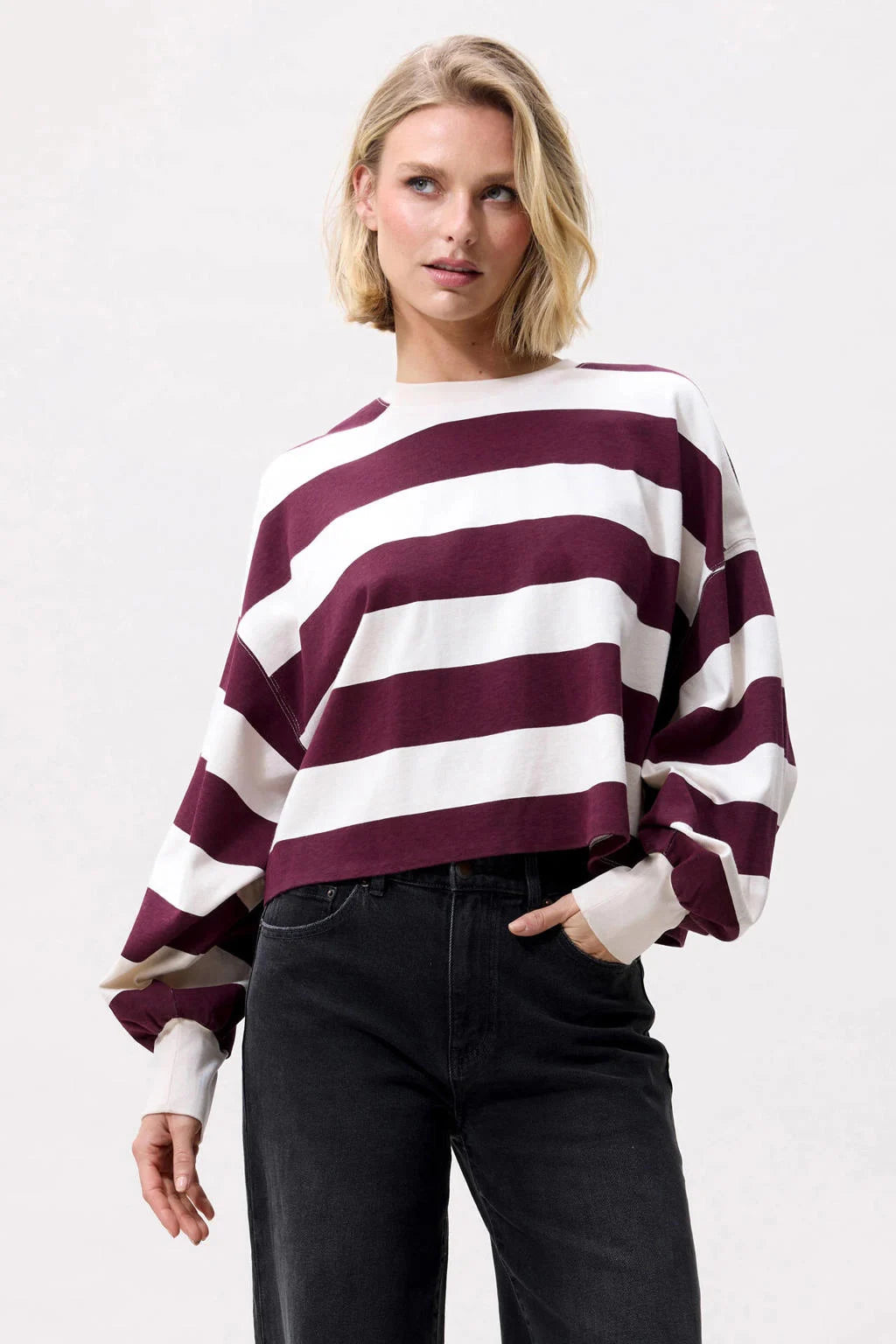 OVERSIZED STRIPED LONG SLEEVE MERLOT | CATWALK JUNKIE