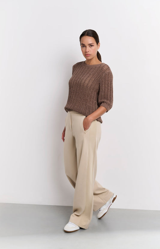 BROEK MET WIJDE PIJPEN EN HOGE TAILLE TWILL BEIGE | YAYA