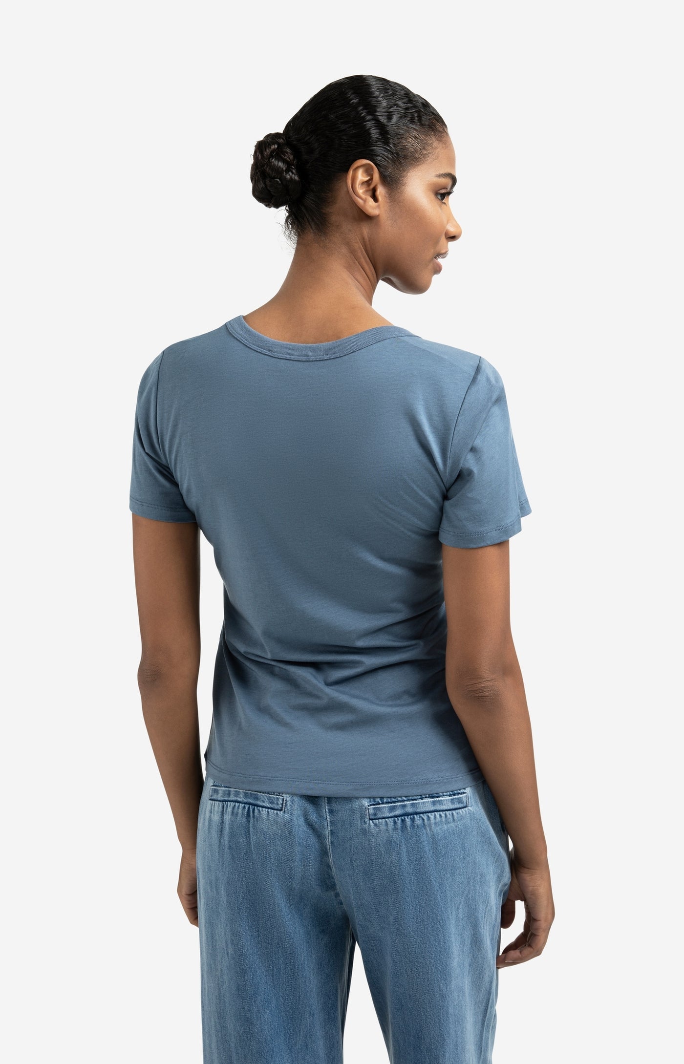 T-SHIRT MET RONDE RIBHALS CHINA BLUE | YAYA