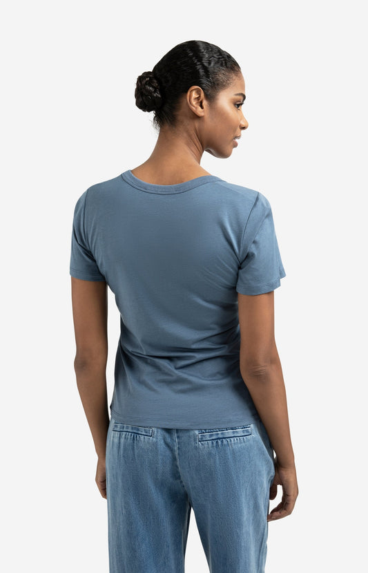 T-SHIRT MET RONDE RIBHALS CHINA BLUE | YAYA
