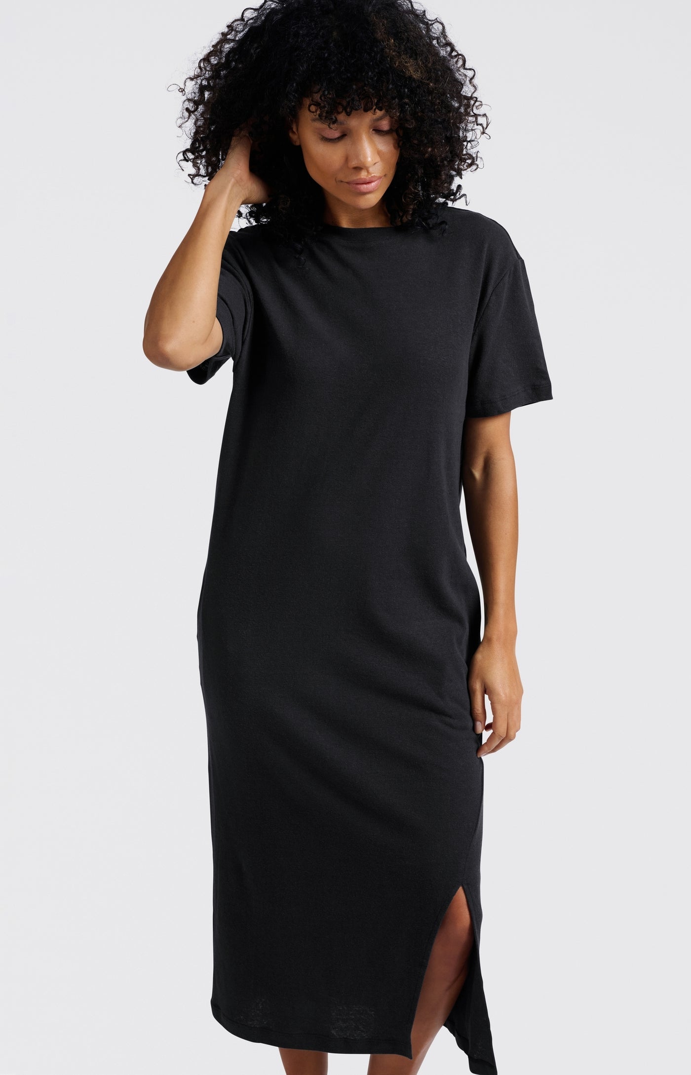 LINNENMIX T-SHIRT JURK MET SPLIT | YAYA