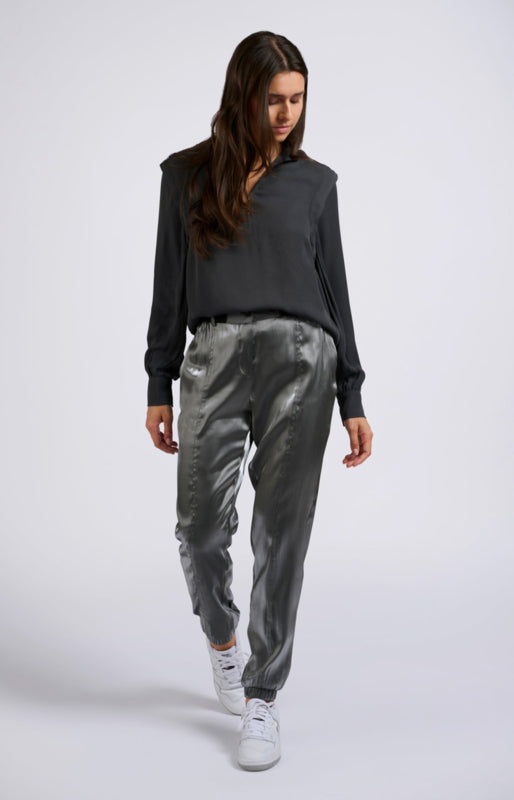 SILVER METALLIC PANTS MET ELASTIEKEN RIEM | YAYA