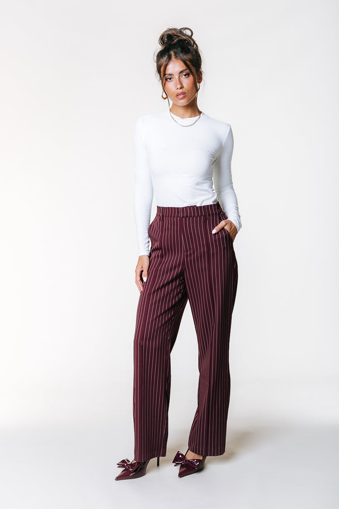 RUS PENSTRIPE STRAIGHT PANTS MERLOT RED | COLOURFUL REBEL