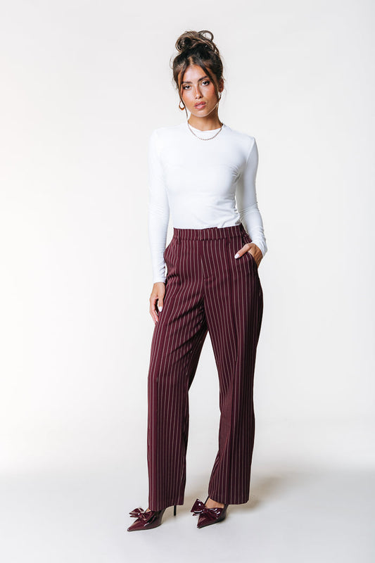 RUS PENSTRIPE STRAIGHT PANTS MERLOT RED | COLOURFUL REBEL