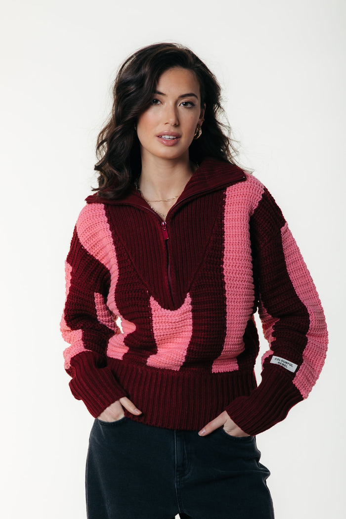 YFKE STRIPE ZIP KNIT PINK RED | COLOURFUL REBEL