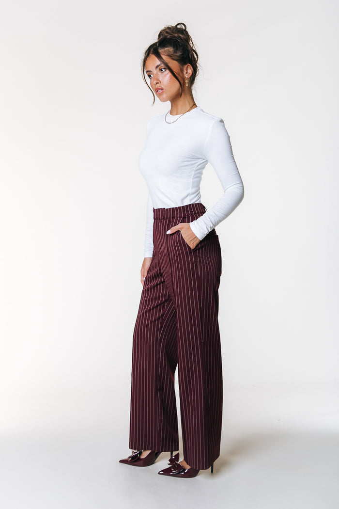 RUS PENSTRIPE STRAIGHT PANTS MERLOT RED | COLOURFUL REBEL